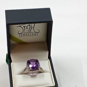 STERLING SILVER Cushion-Cut  Amethyst with Rope-Border Ring Size 8